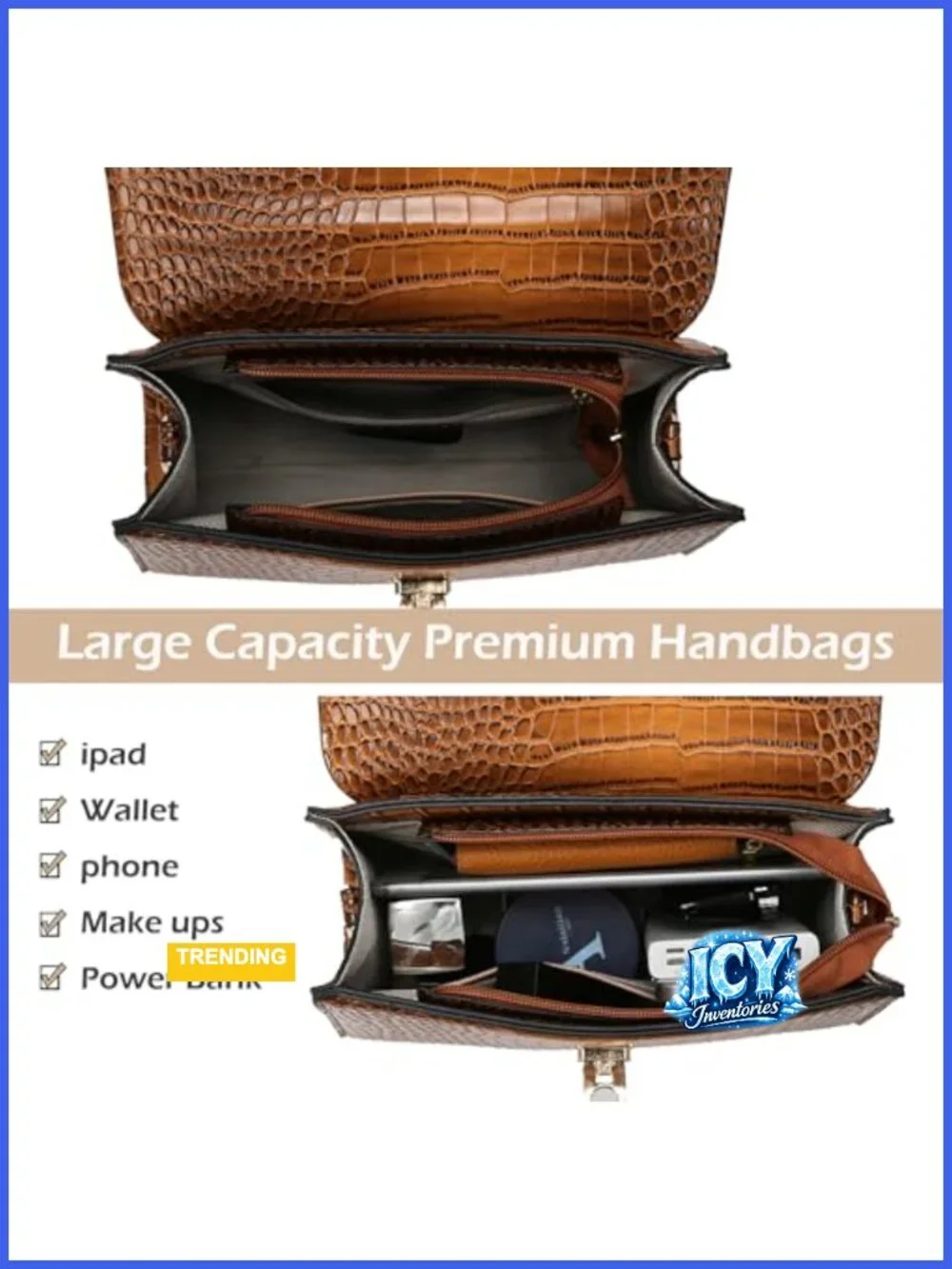 Structured Vegan Leather Satchel Handbag with Croc Pattern, Crossbody Bag for